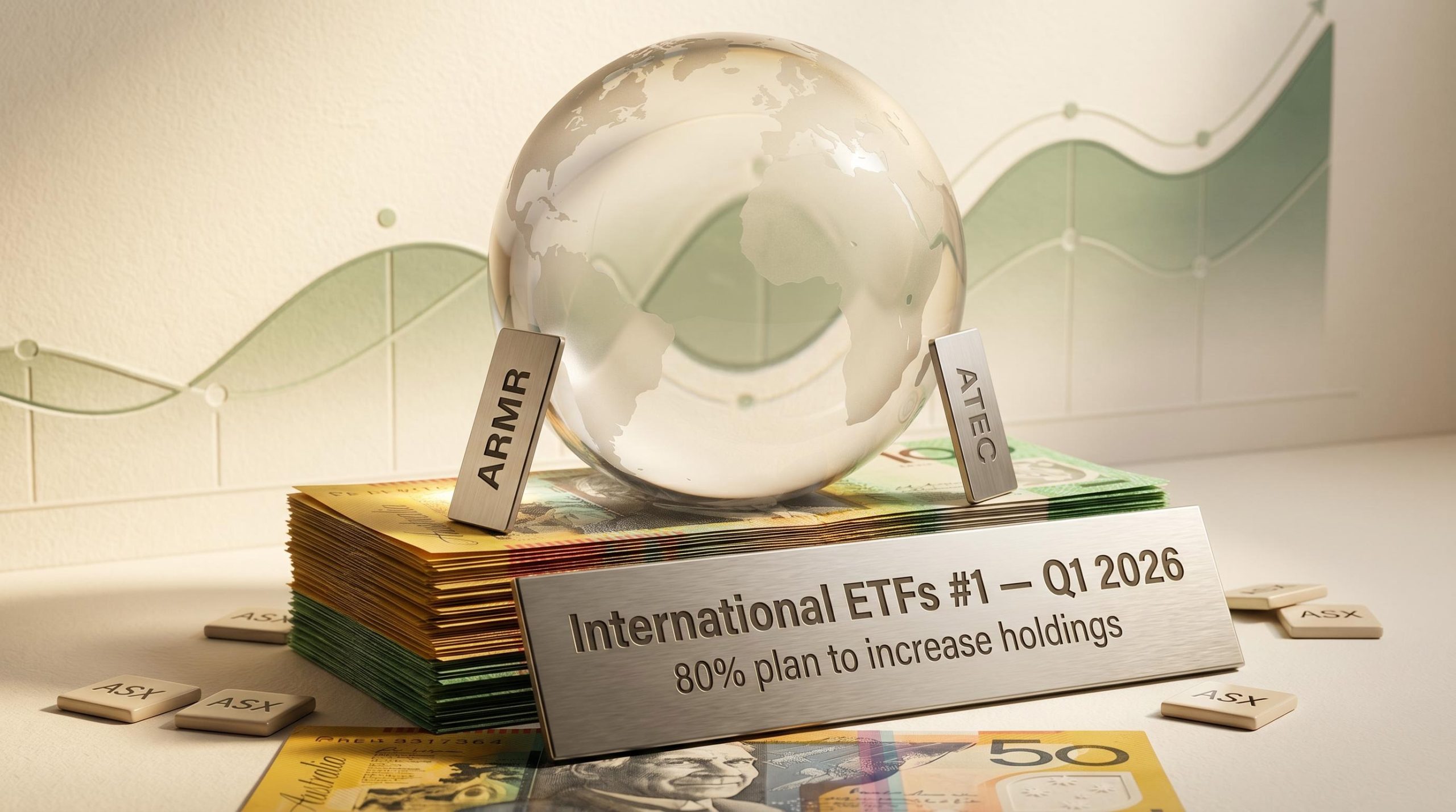 Glass globe on AUD banknote plinth with ARMR, ATEC plaques as Australian investor trends shift to international ETFs in Q1 2026