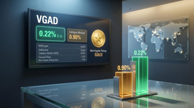 VGAD ETF Morningstar Gold rating dashboard showing 0.22% fee versus 0.90% category median bar chart