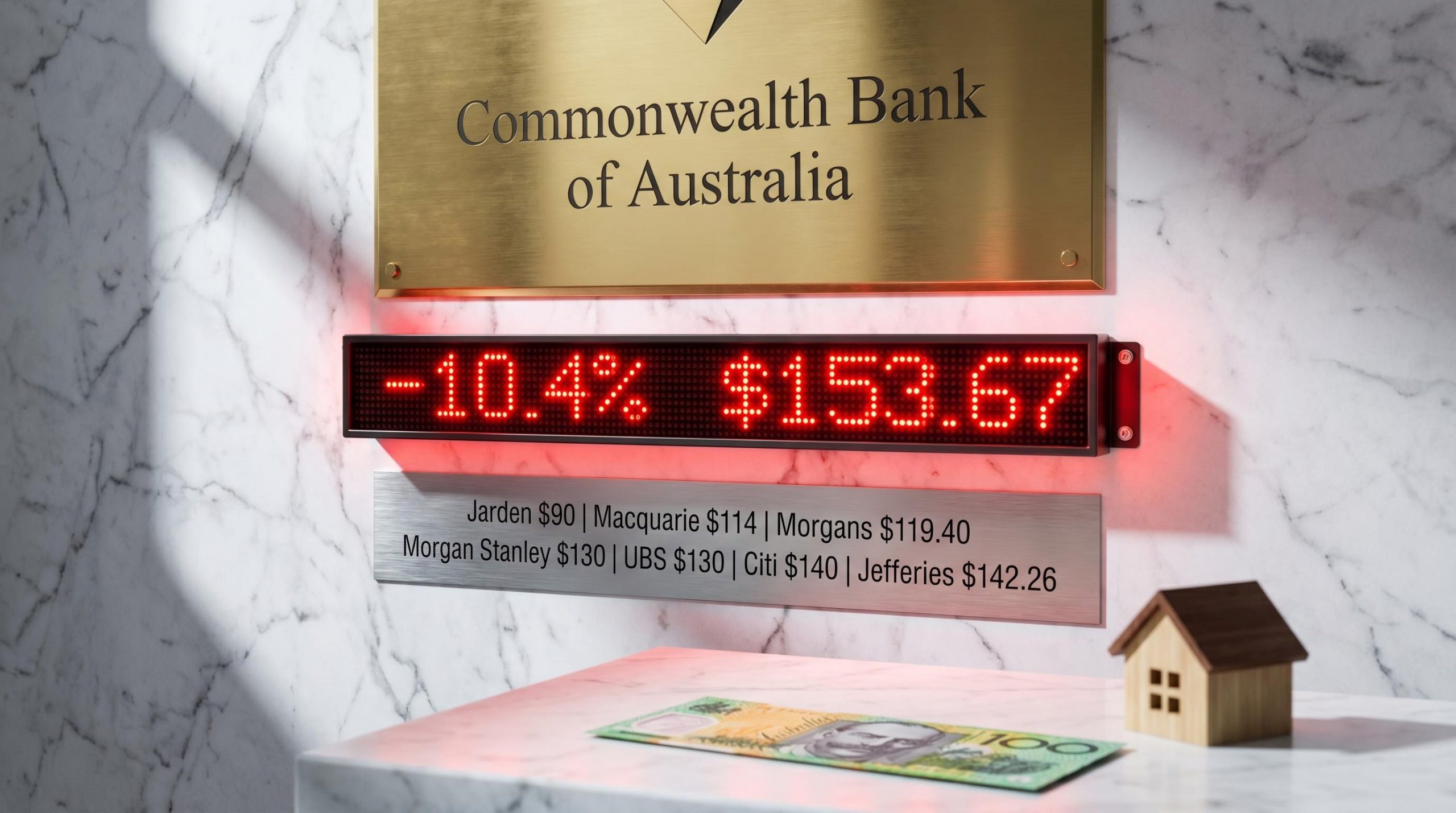 CBA shares broker targets from $90 to $142.26 displayed on steel panel after record 10.4% single-day decline
