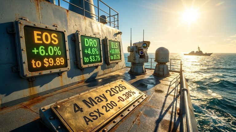 Counter-drone hardware on naval deck with EOS, DRO, ELS stock gains and Strait of Hormuz backdrop — ASX defence stocks rally