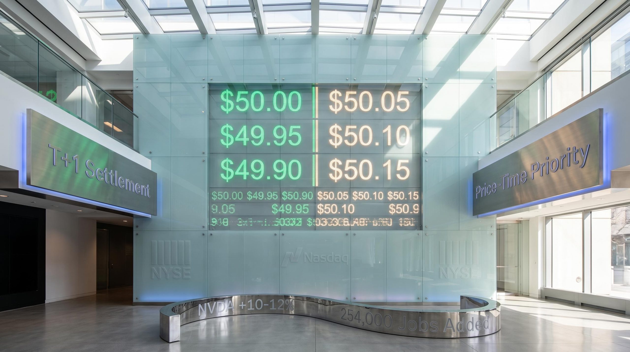 Illuminated order book wall showing bid/ask prices and verbatim market data — how financial markets work explained