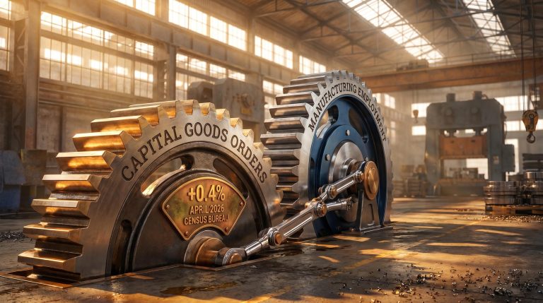 Two industrial gears — capital goods orders leading, manufacturing employment lagging — illustrating how industrial sector economic indicators connect