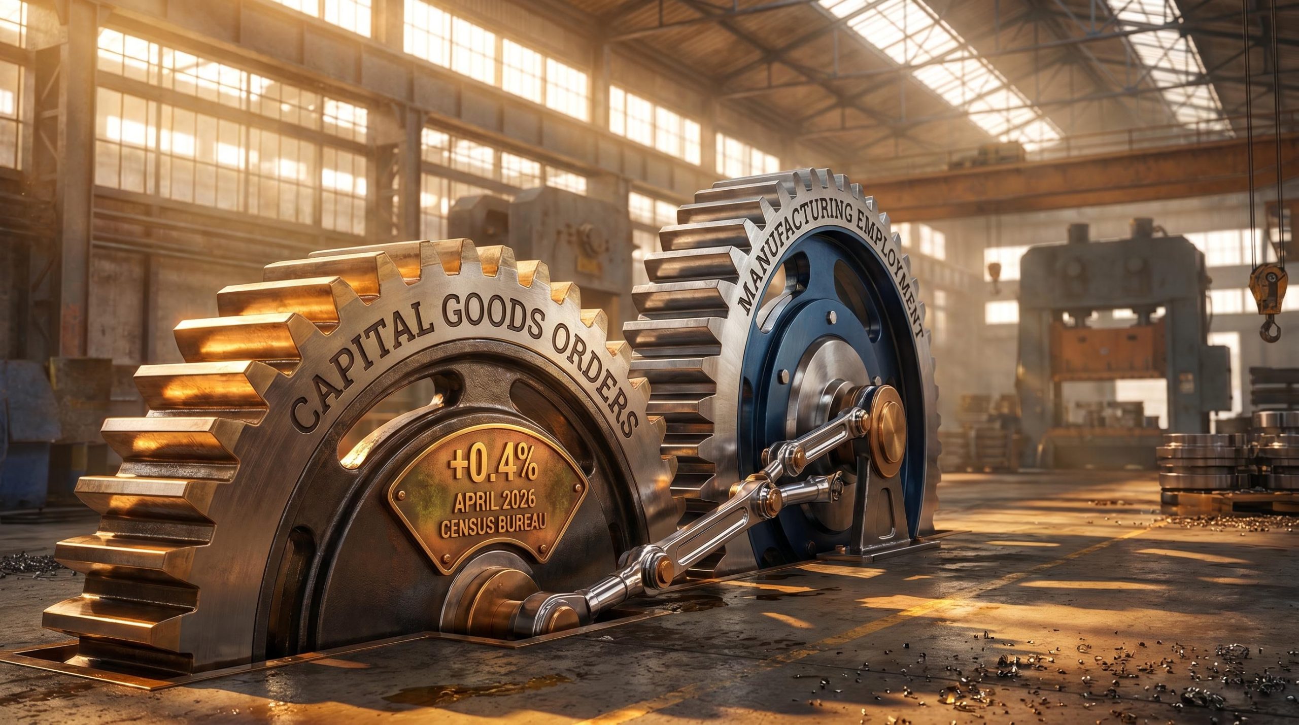 Two industrial gears — capital goods orders leading, manufacturing employment lagging — illustrating how industrial sector economic indicators connect