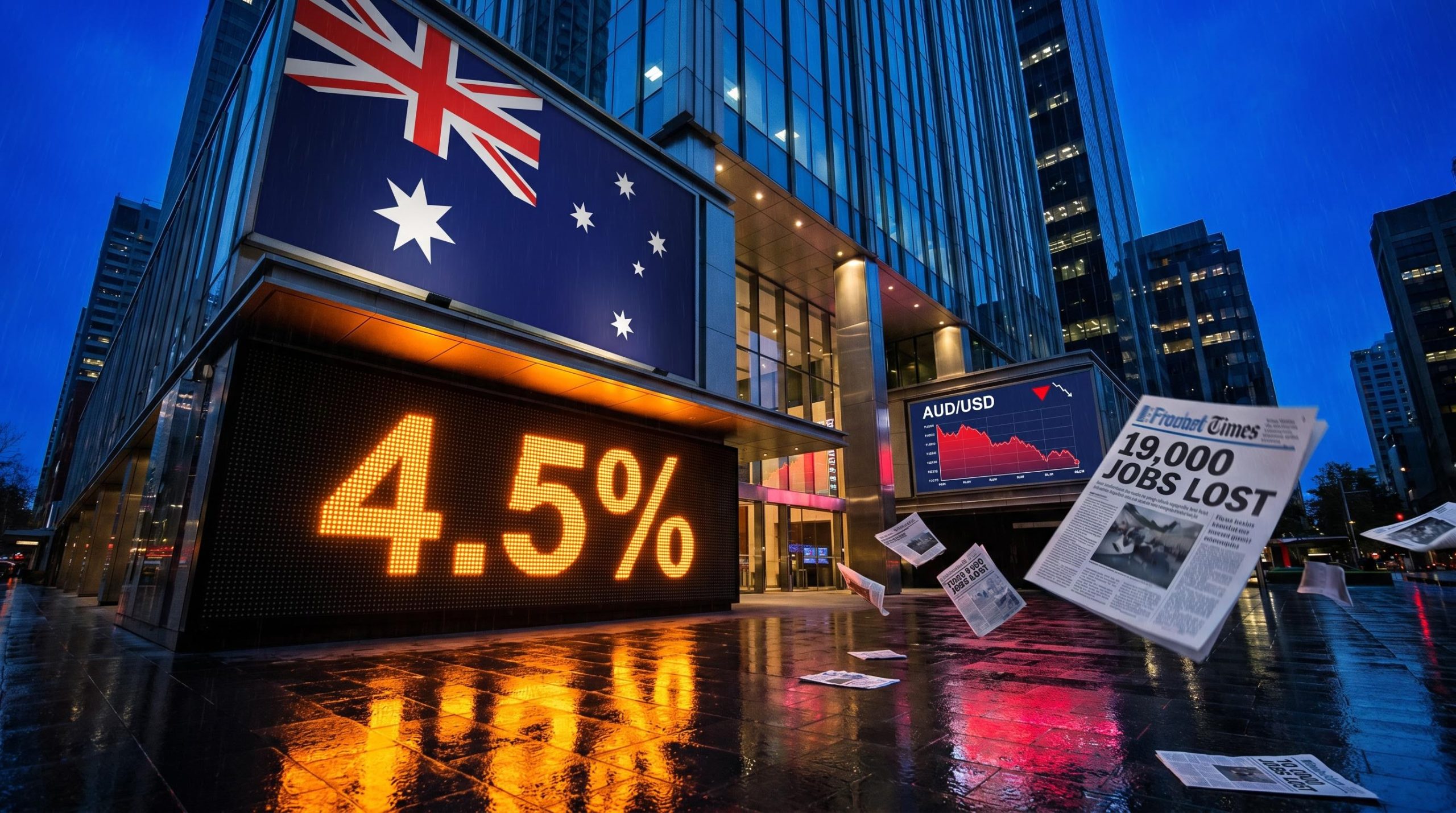 Australian flag beside glowing amber 4.5% unemployment ticker on city building after April 2026 labour data release