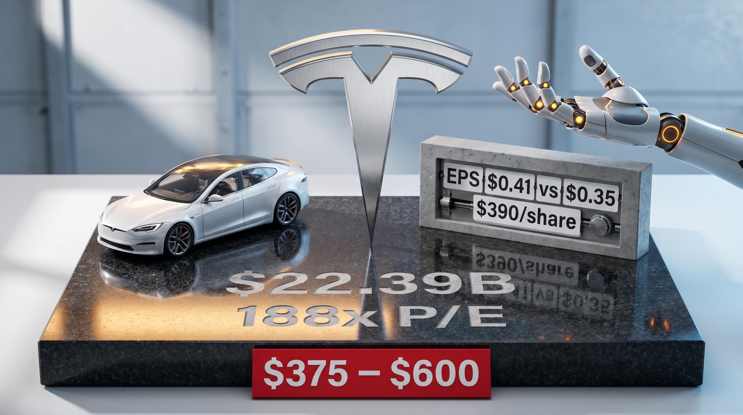 Tesla chrome logo beside Optimus robotic hand and model car, with "188x P/E" and "$390/share" etched in granite