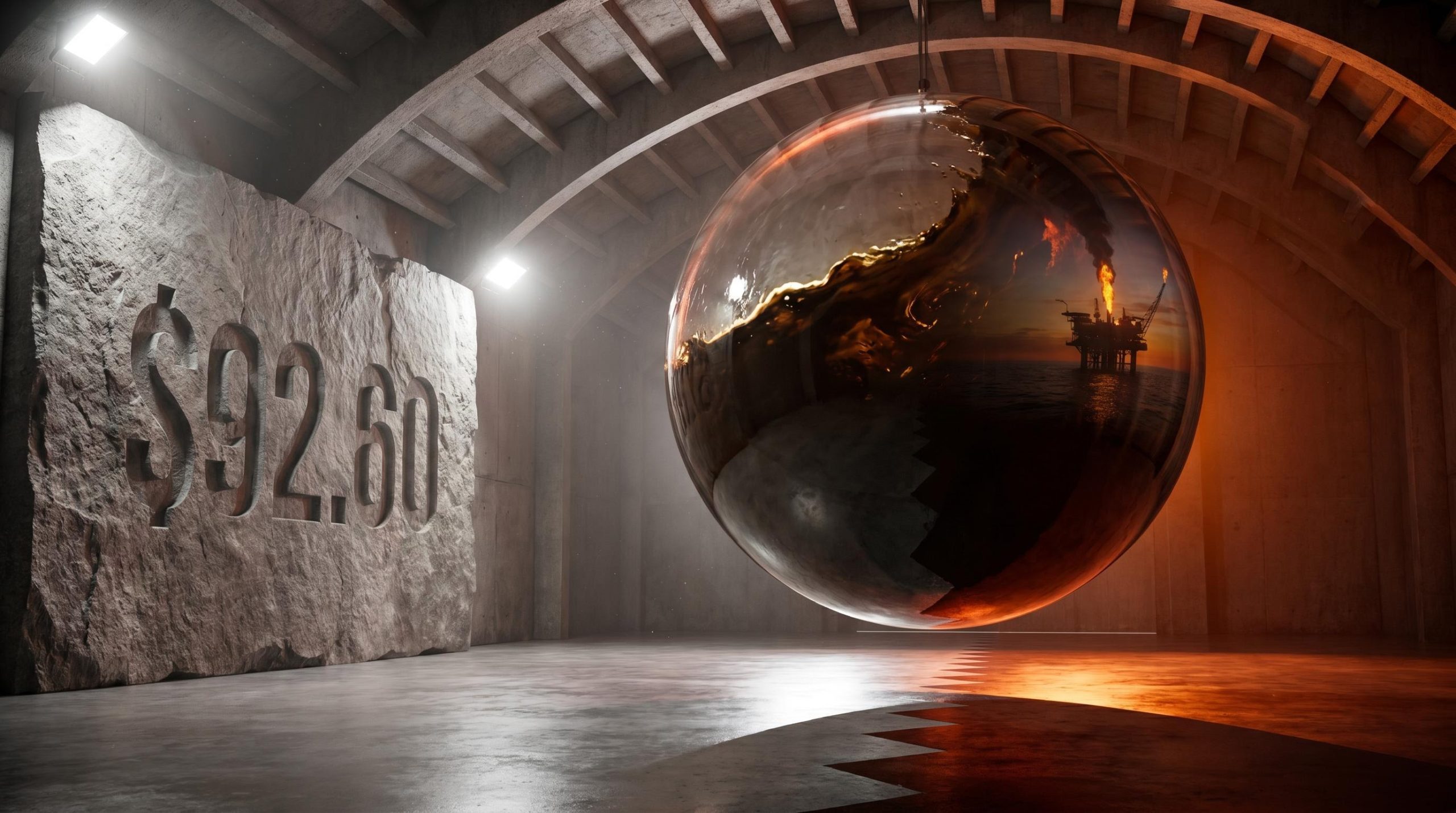 Crude oil sphere split between military fire and inflation data, showing $92.60 Brent as geopolitical risk market impact