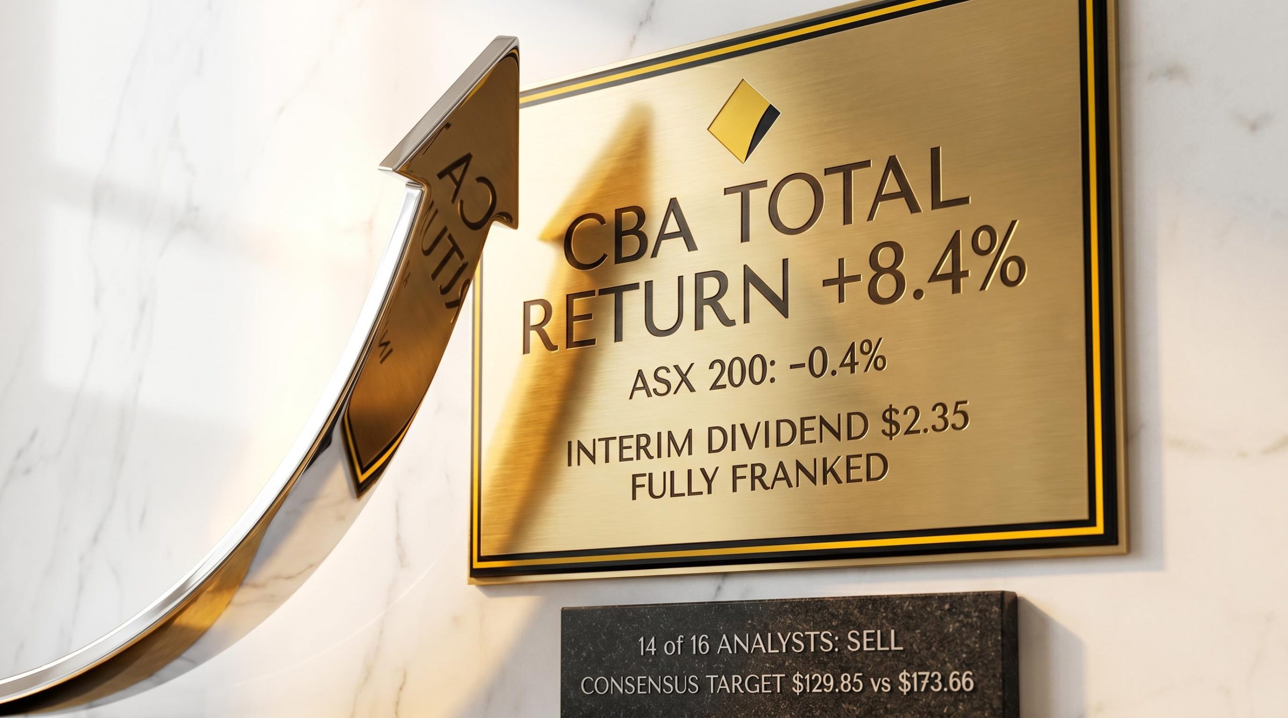 CBA shares 8.4% total return plaque beside ASX 200 -0.4% figure, with analyst sell-rating data etched below