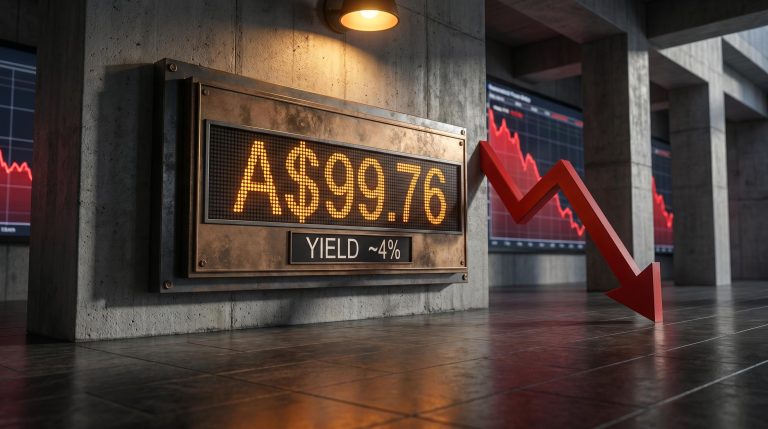 CSL share price ticker showing A$99.76 and ~4% dividend yield against a backdrop of red decline charts