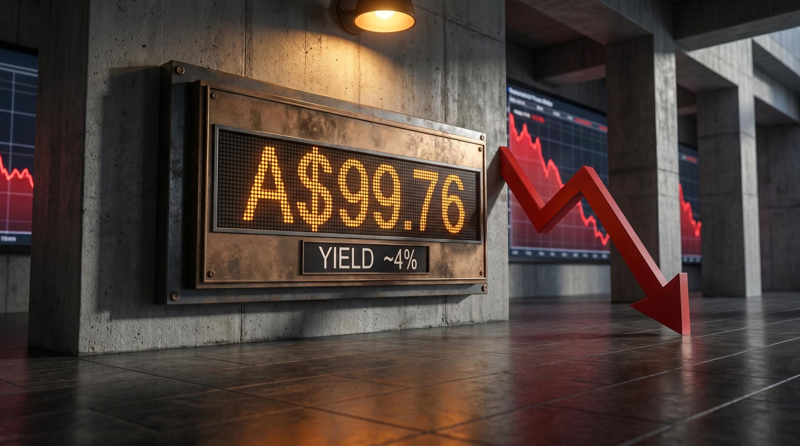 CSL share price ticker showing A$99.76 and ~4% dividend yield against a backdrop of red decline charts