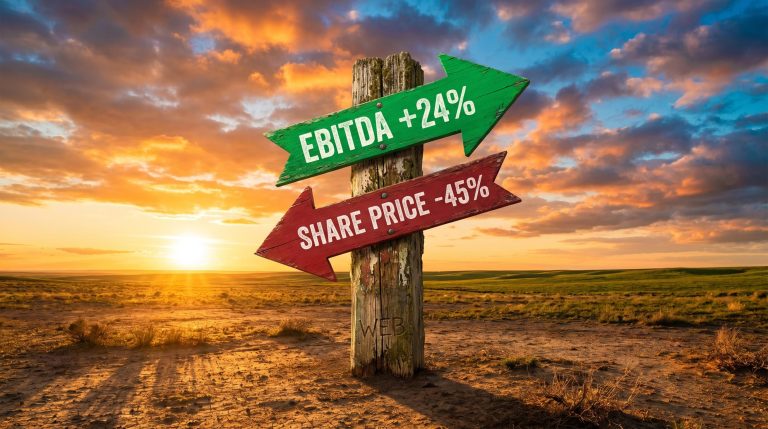 Web Travel Group WEB signpost showing EBITDA 24% and share price -45% amid golden-hour landscape