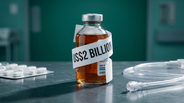 IV quetiapine vial tagged with US$2 billion market label alongside oral tablets — drug reformulation biotech investment strategy