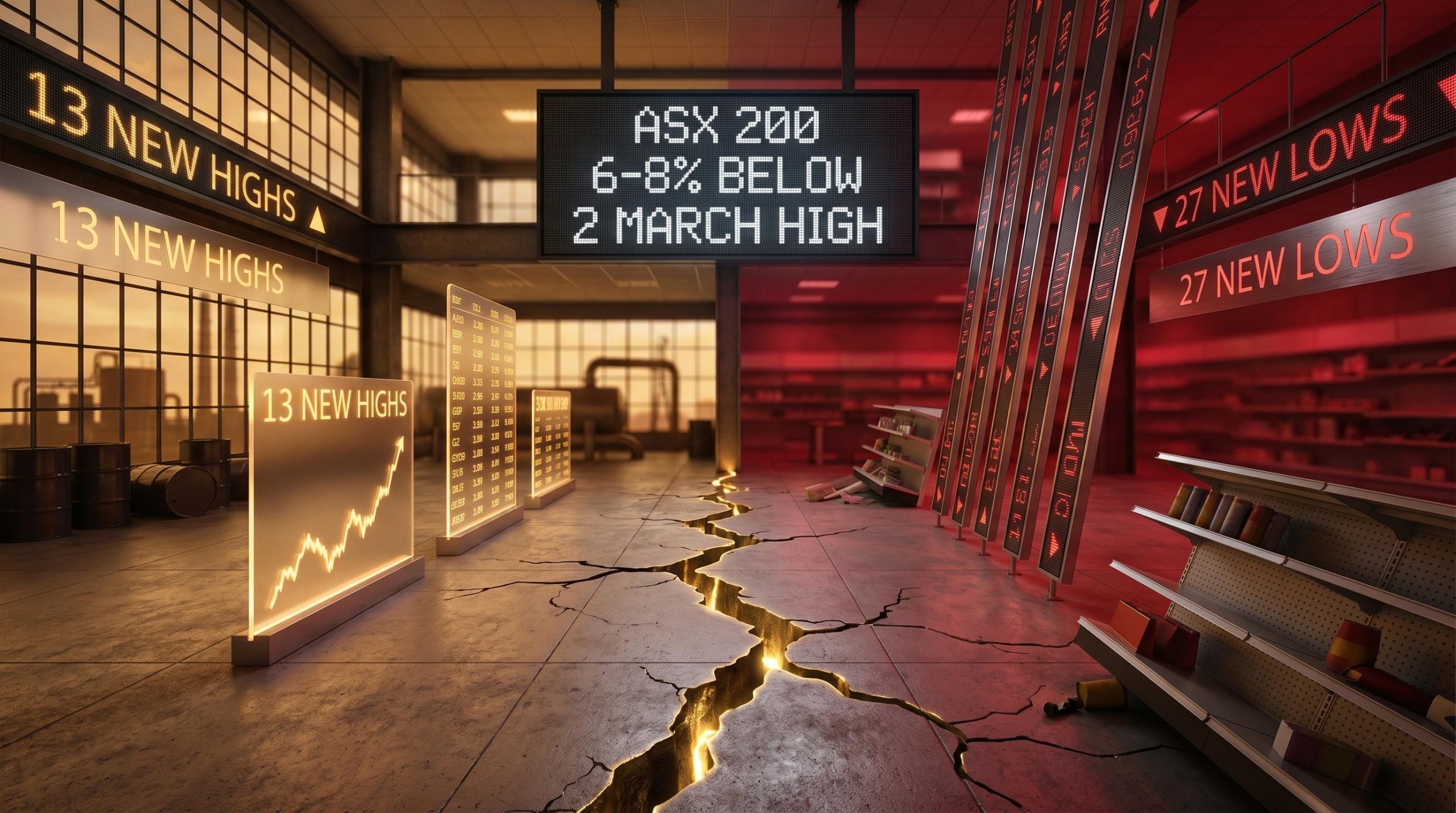 ASX 200 split market floor showing 13 new 52-week highs vs 27 lows as capital diverges across sectors