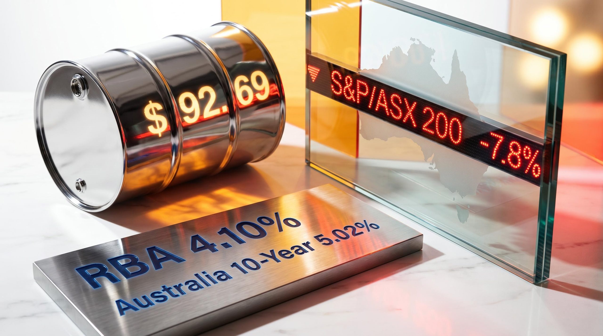 Chrome oil barrel displaying $92.69 next to RBA 4.10% plaque, illustrating a defensive asset allocation strategy for 2026.