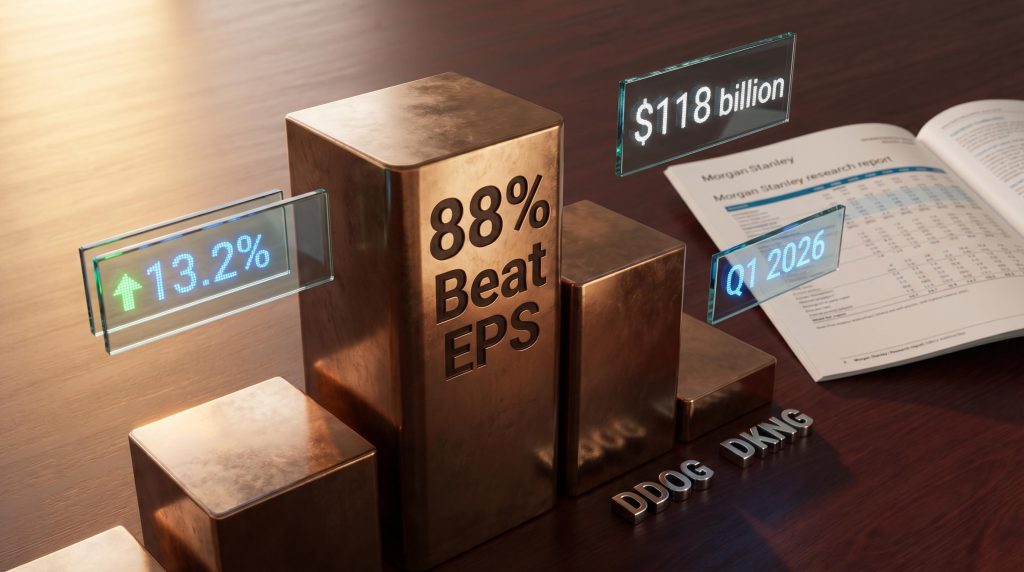 Bronze earnings chart showing 88% EPS beat rate with Q1 2026 data screens and Morgan Stanley KPI methodology report