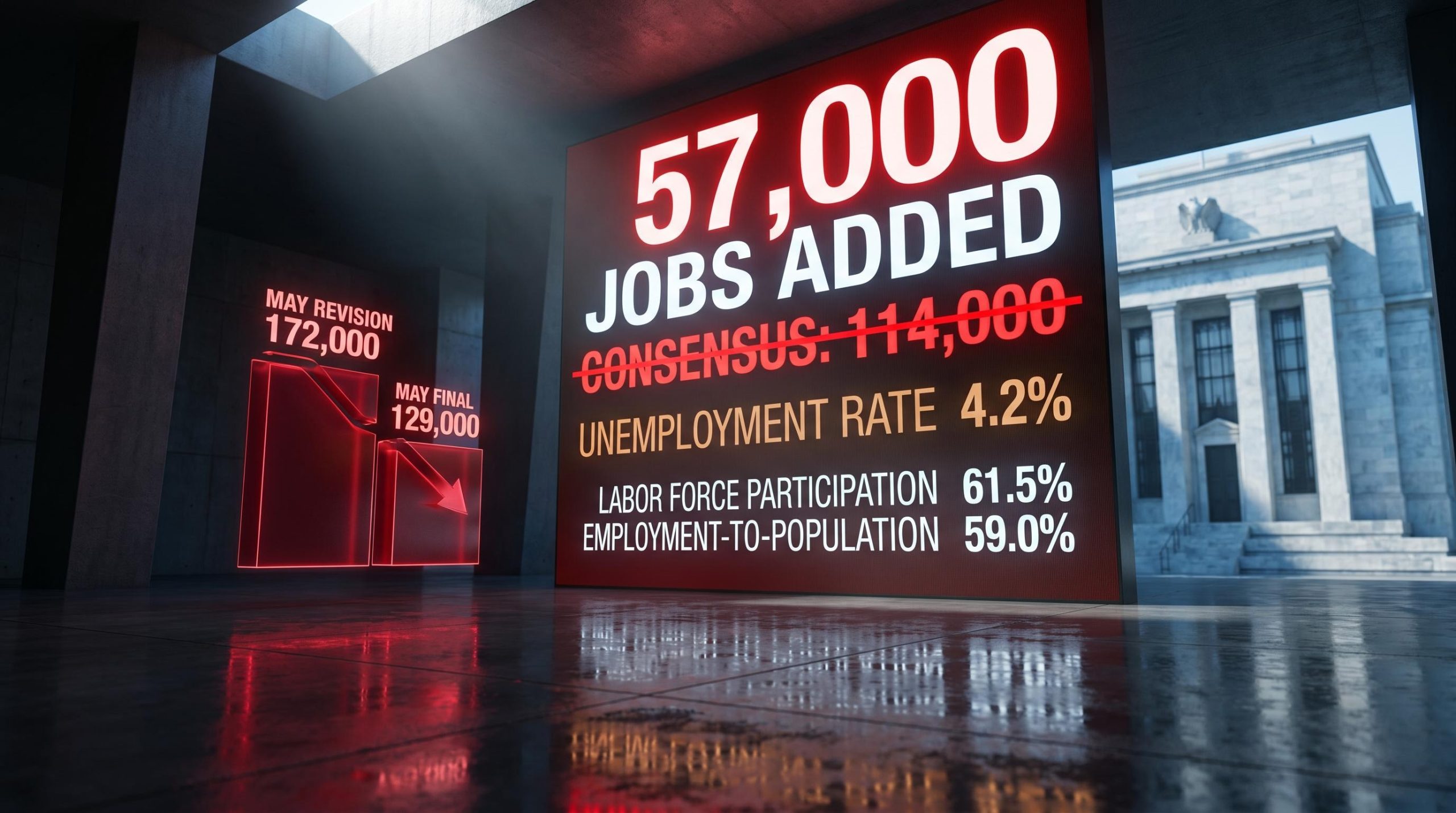 US jobs report misses at 57,000 vs 114,000 forecast, with unemployment rate at 4.2% and participation falling to 61.5%