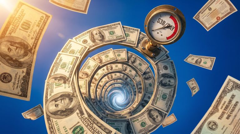 US$100 note spiral draining into a debt vortex with a pressure gauge reading $3B per day — US debt spiral explained
