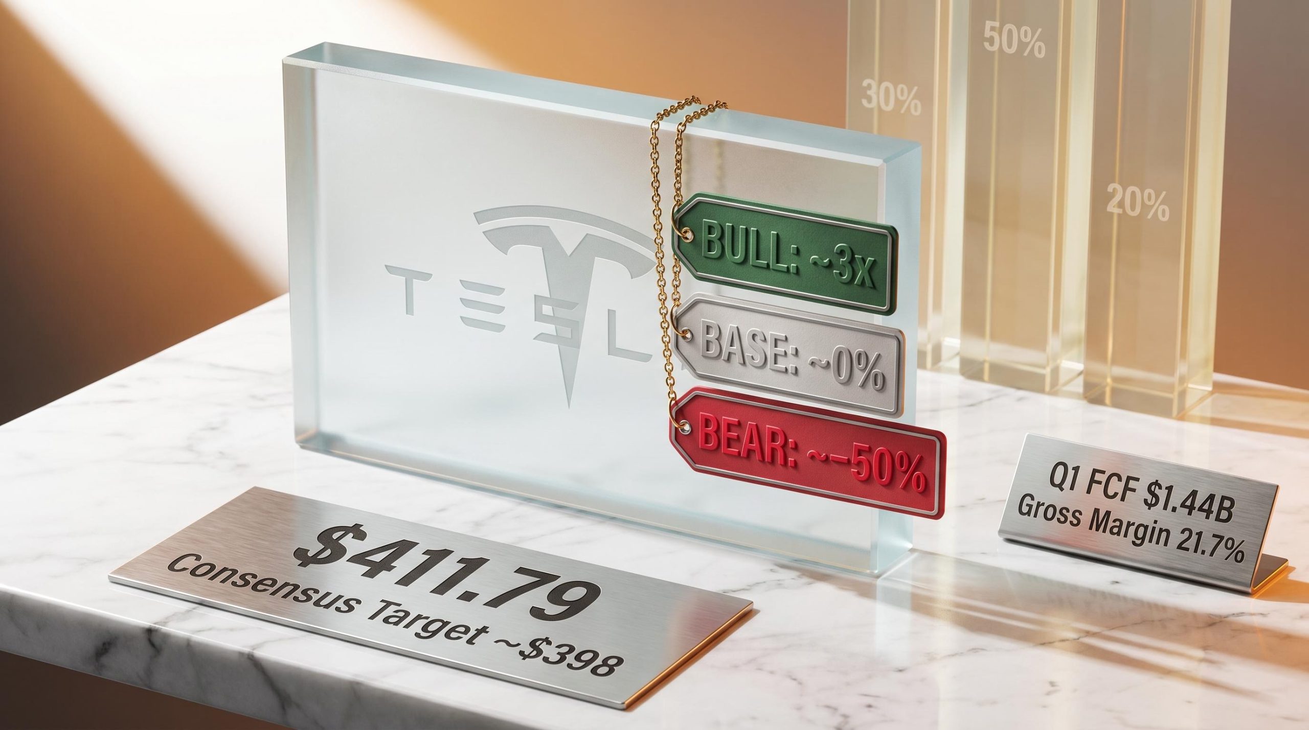 Tesla stock valuation analysis at $411.79 with bull, base, and bear scenario tags against consensus target $398