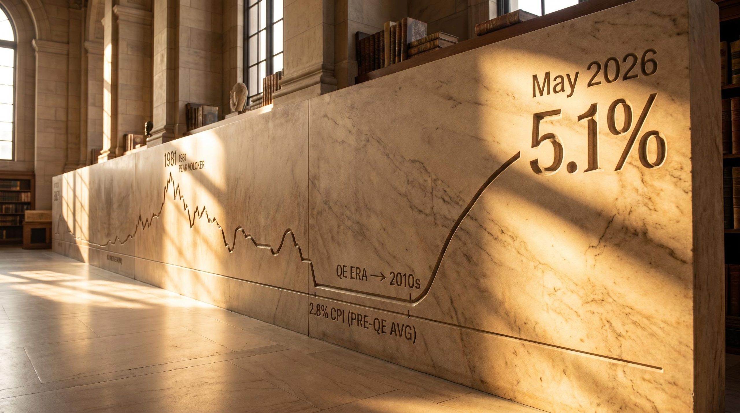 30-year Treasury yield history engraved on stone ledger showing 5.1% May 2026 reversion to pre-QE norms