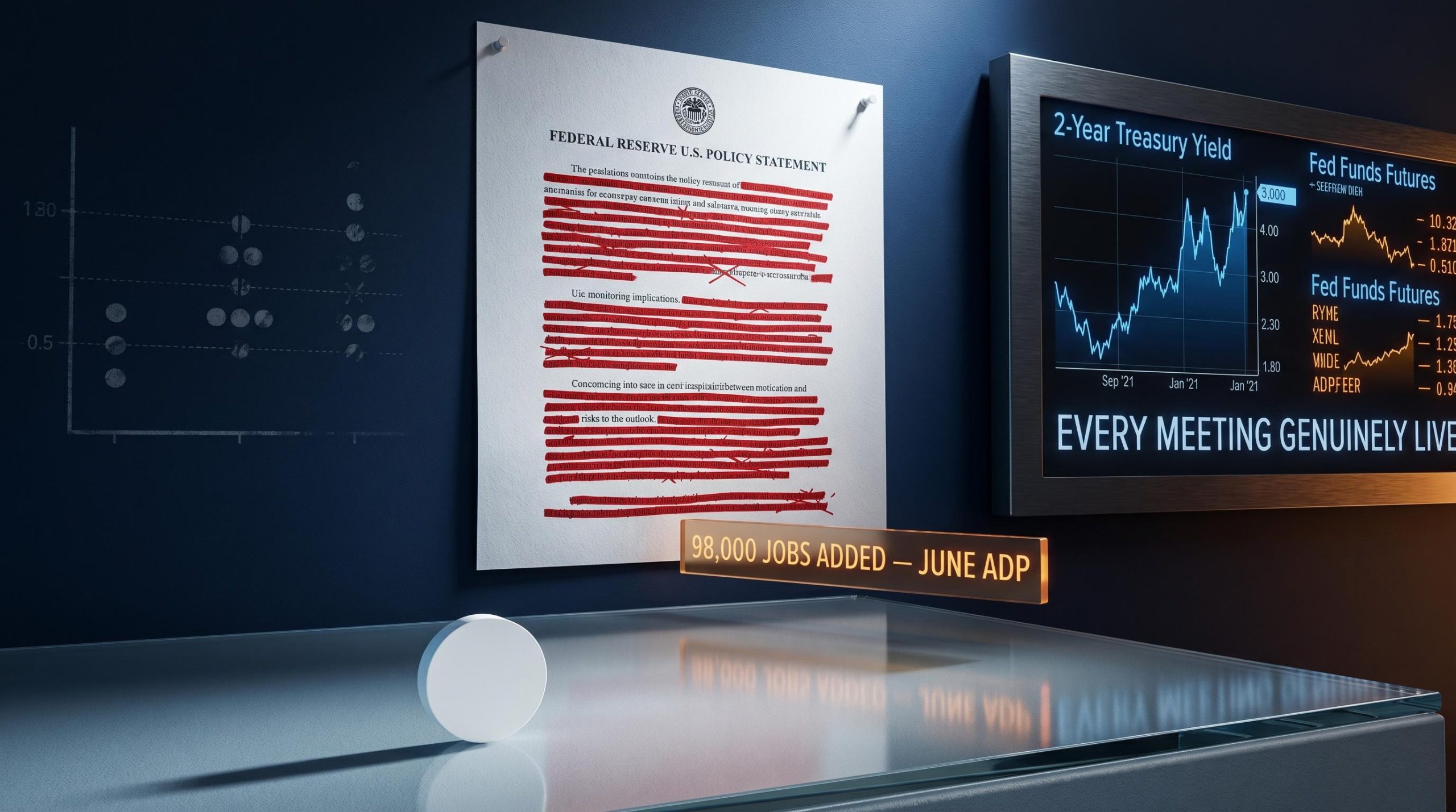 Stripped Fed policy statement with erased dot plot and "98,000 jobs" data panel — Warsh forward guidance overhaul