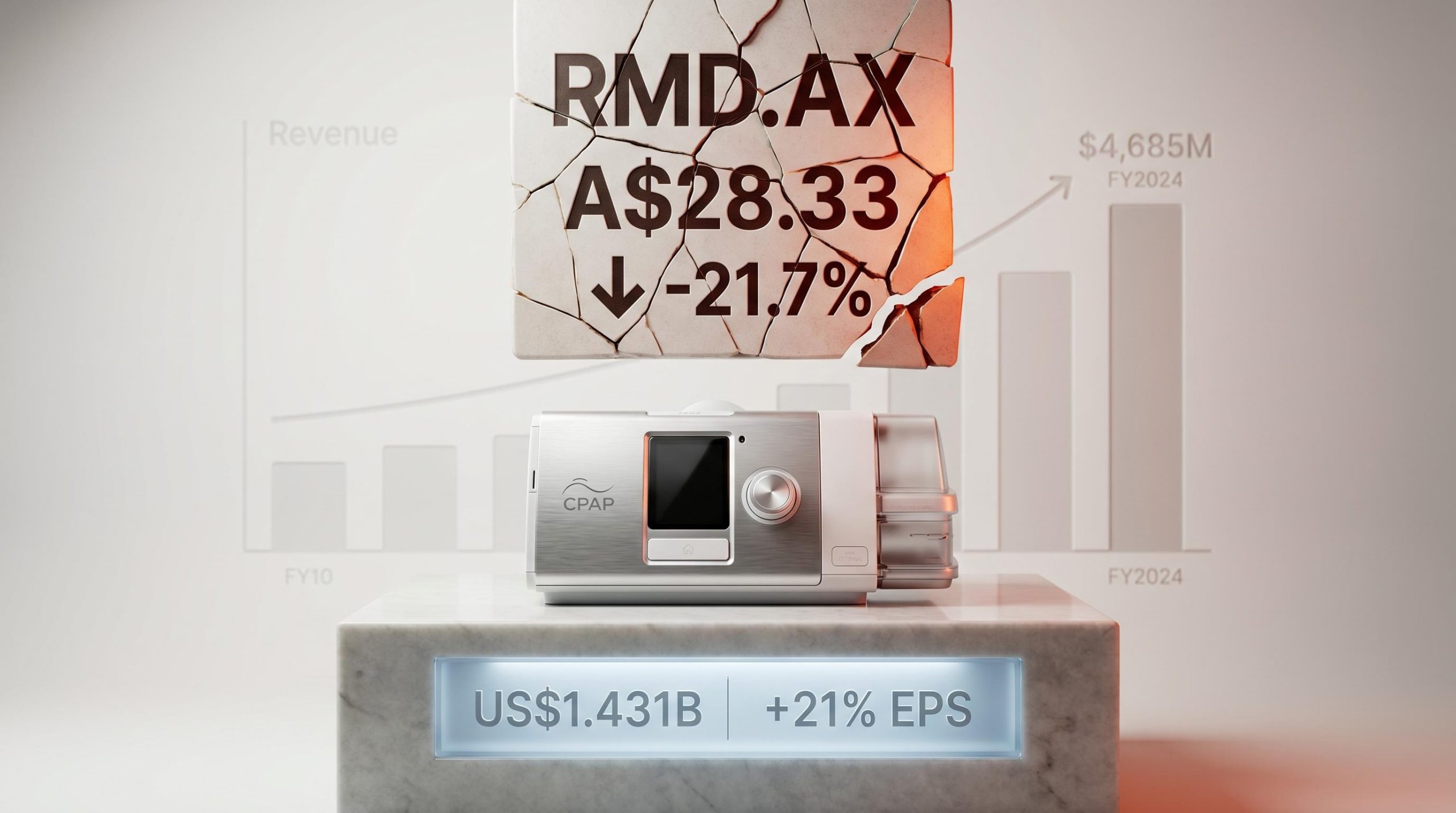 ResMed CPAP device beside a fractured RMD.AX price tile showing A$28.33 and −21.7% against strong earnings data