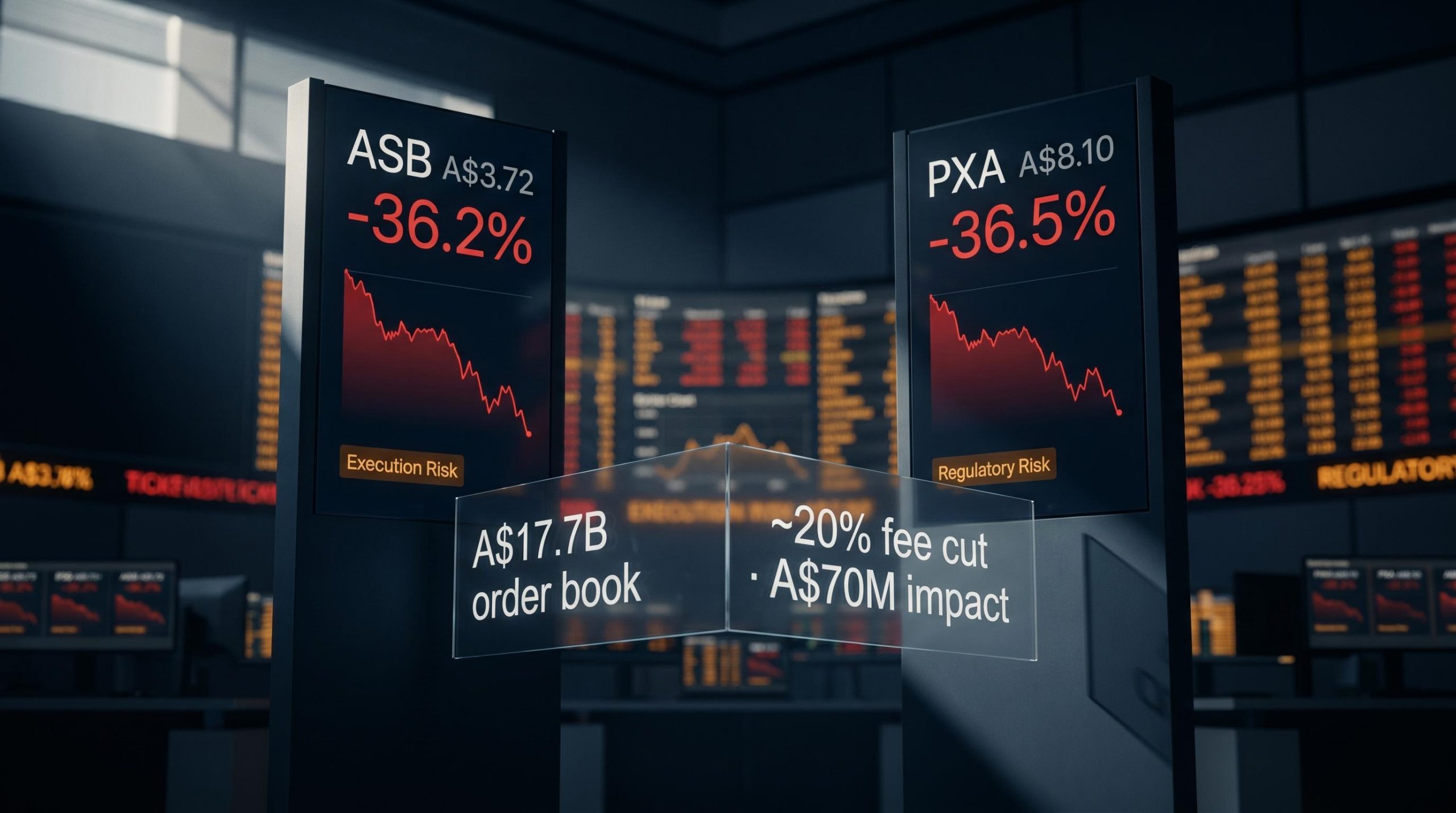 ASX 52-week lows: Austal and PEXA data panels showing -36% declines with contrasting execution and regulatory risk labels