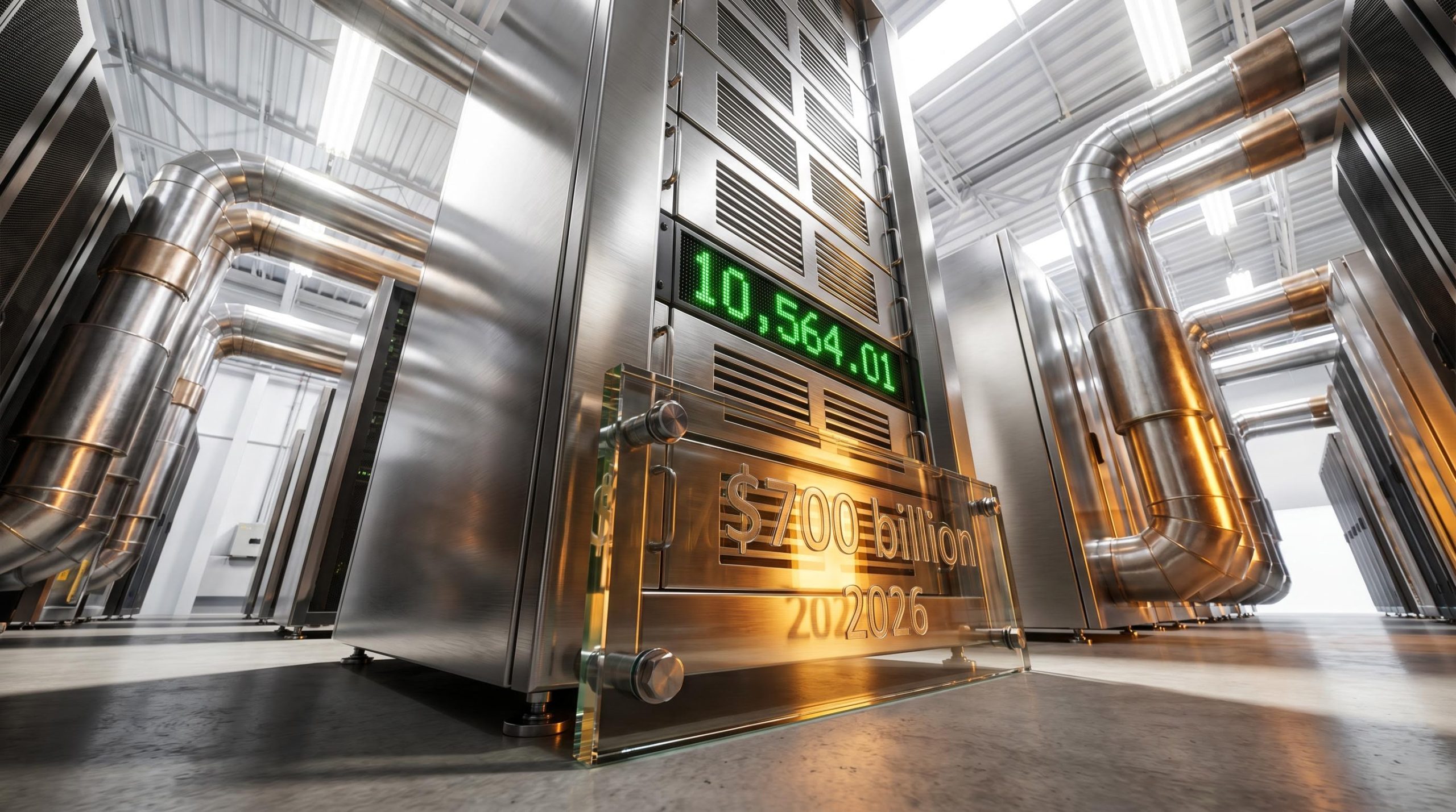 Photorealistic AI infrastructure investment facility showing $700 billion and SOX 10,564.01 etched on a glass plaque