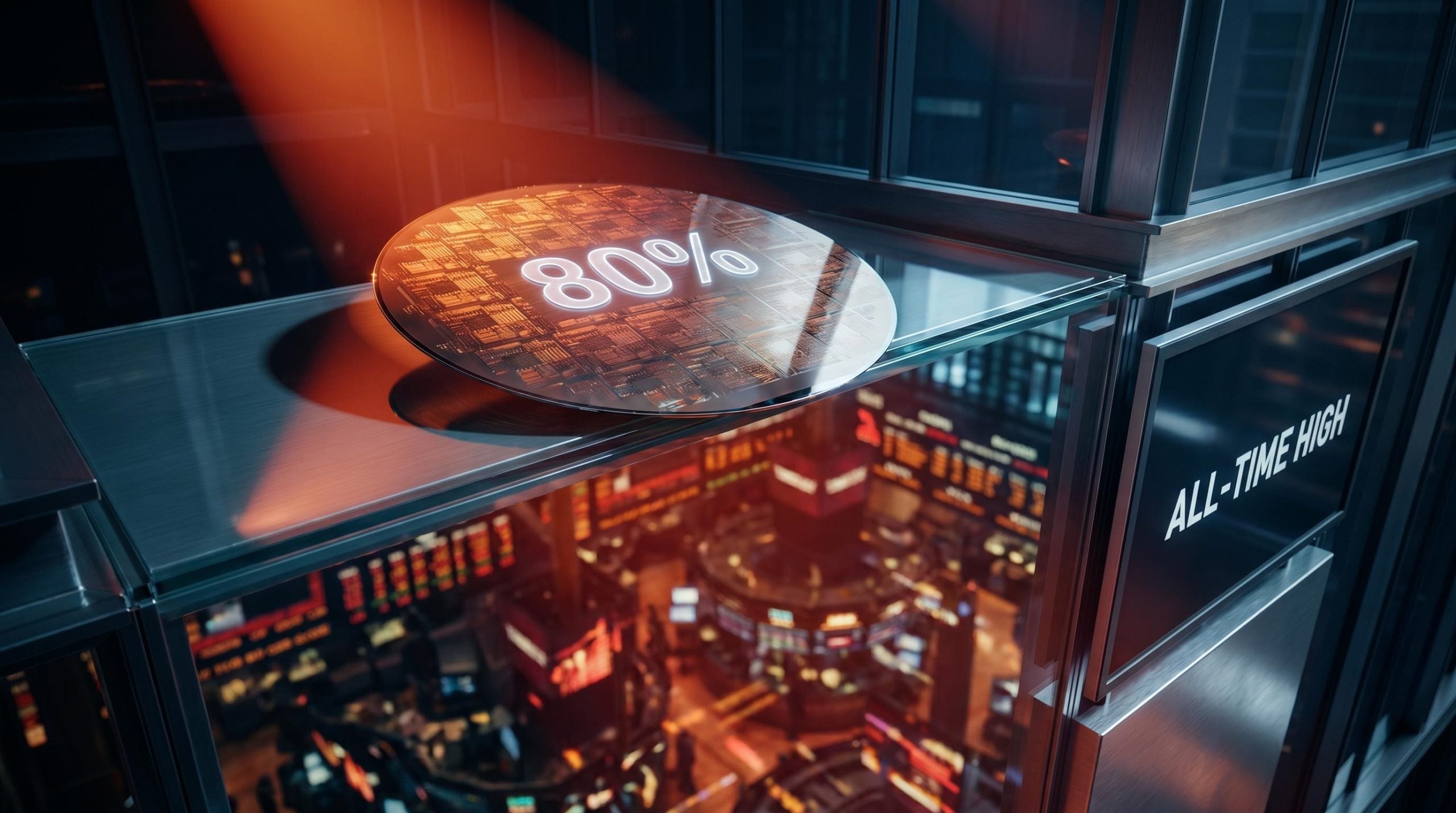 Silicon wafer etched with "80%" balanced on a glass edge above a red-lit trading floor — BofA fund manager survey crowding record