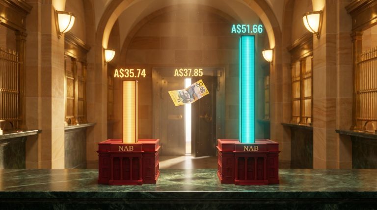 Two NAB valuation model outputs — A$35.74 and A$51.66 — visualised as diverging pillars inside a vault
