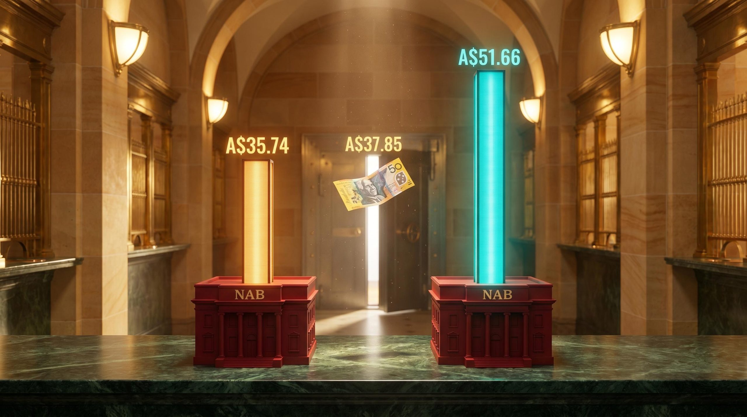 Two NAB valuation model outputs — A$35.74 and A$51.66 — visualised as diverging pillars inside a vault