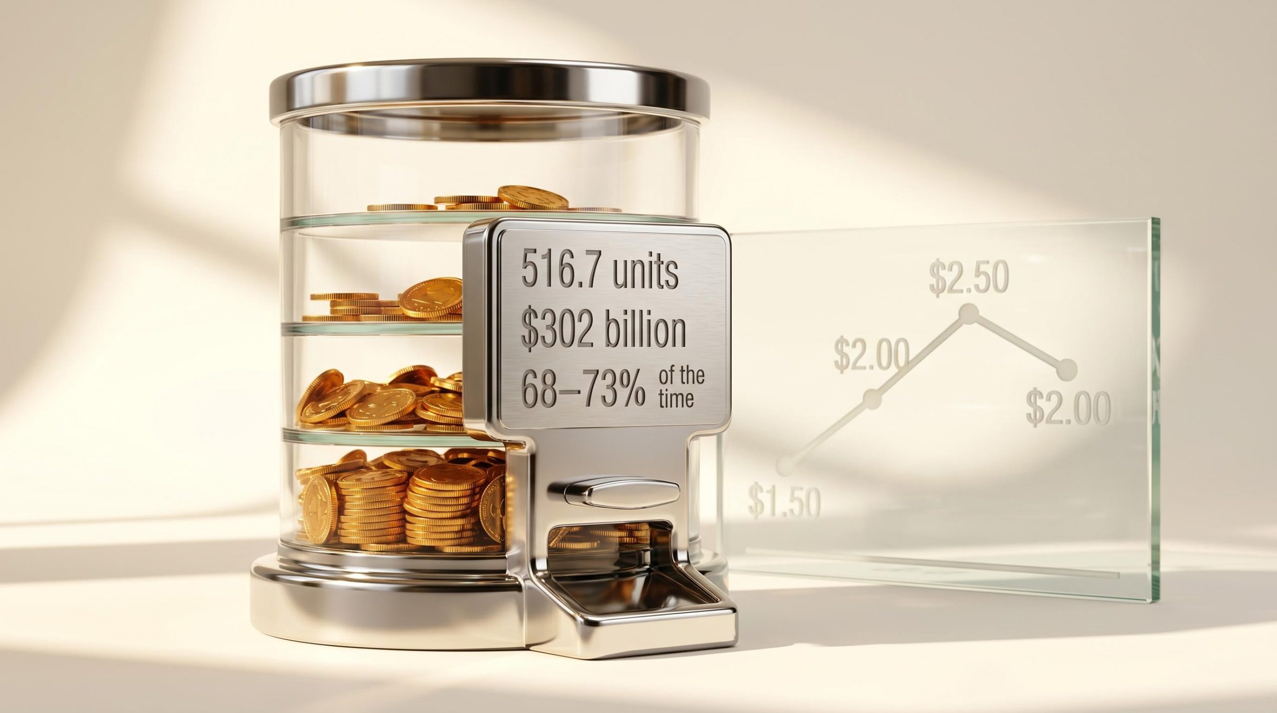 Dollar-cost averaging coin machine with "516.7 units" and price points $1.50–$2.50 etched into chrome and glass