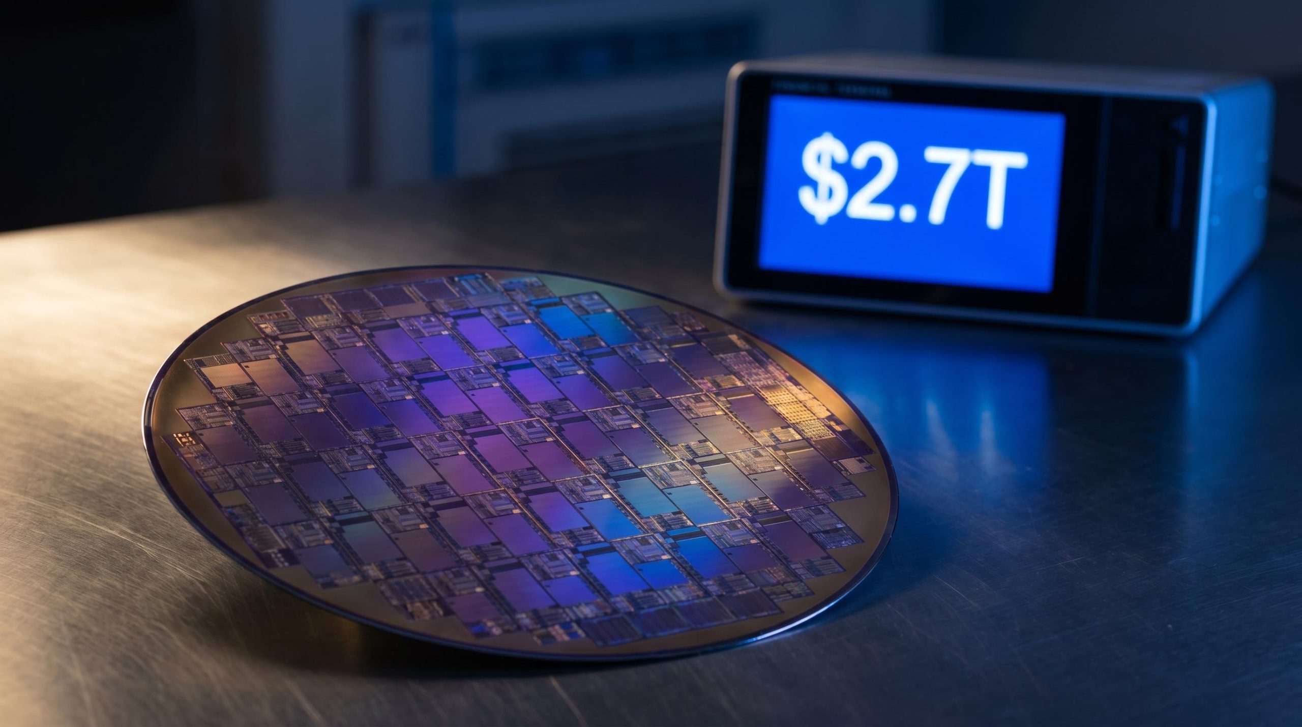Silicon wafer with BofA's $2.7T semiconductor industry forecast displayed on a terminal screen behind it