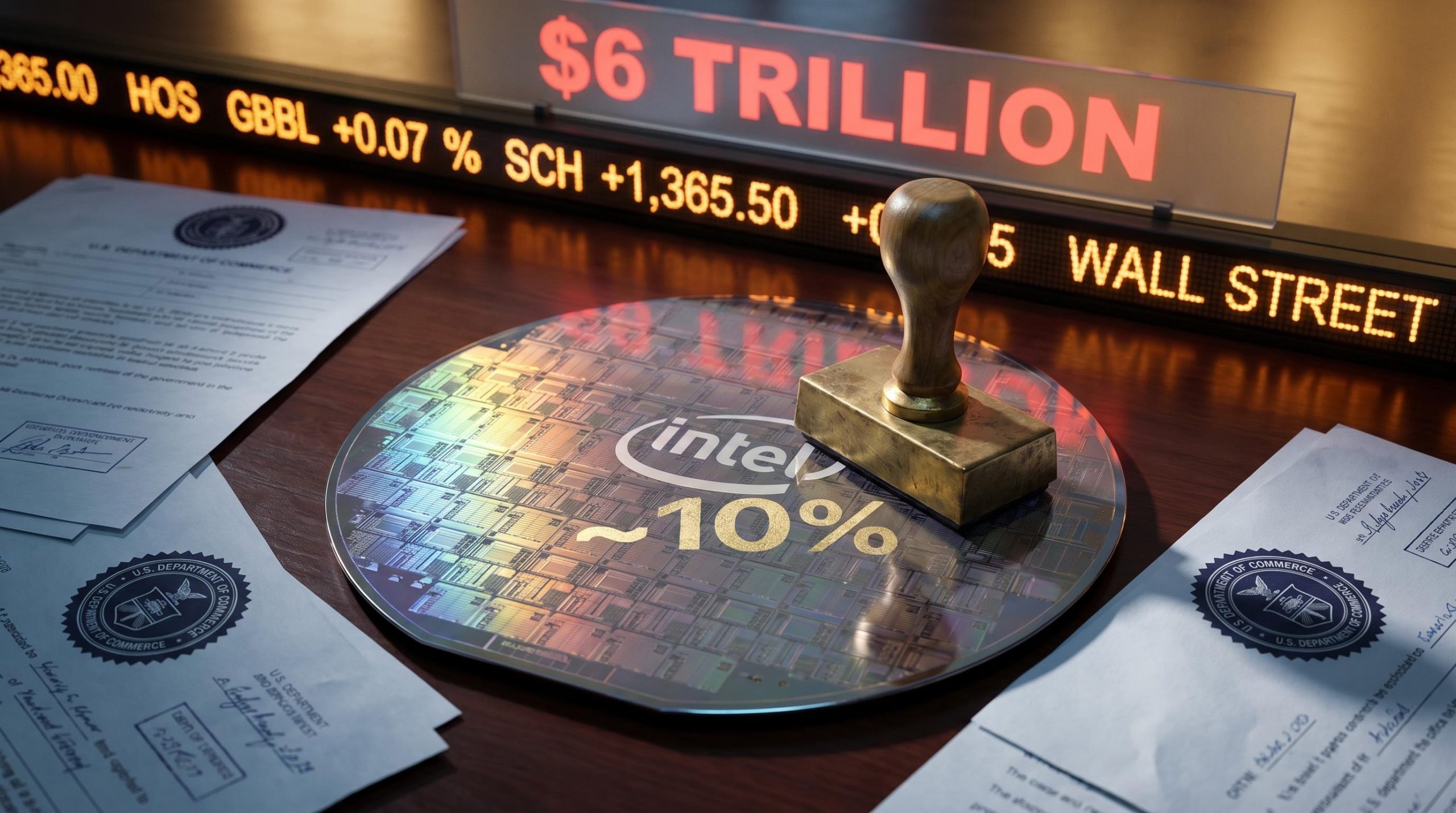 U.S. government stamp pressing ~10% equity claim onto Intel chip wafer — political influence on stock market visualised