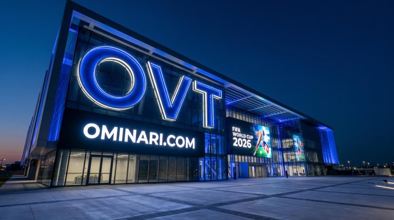 Modern building with neon signs