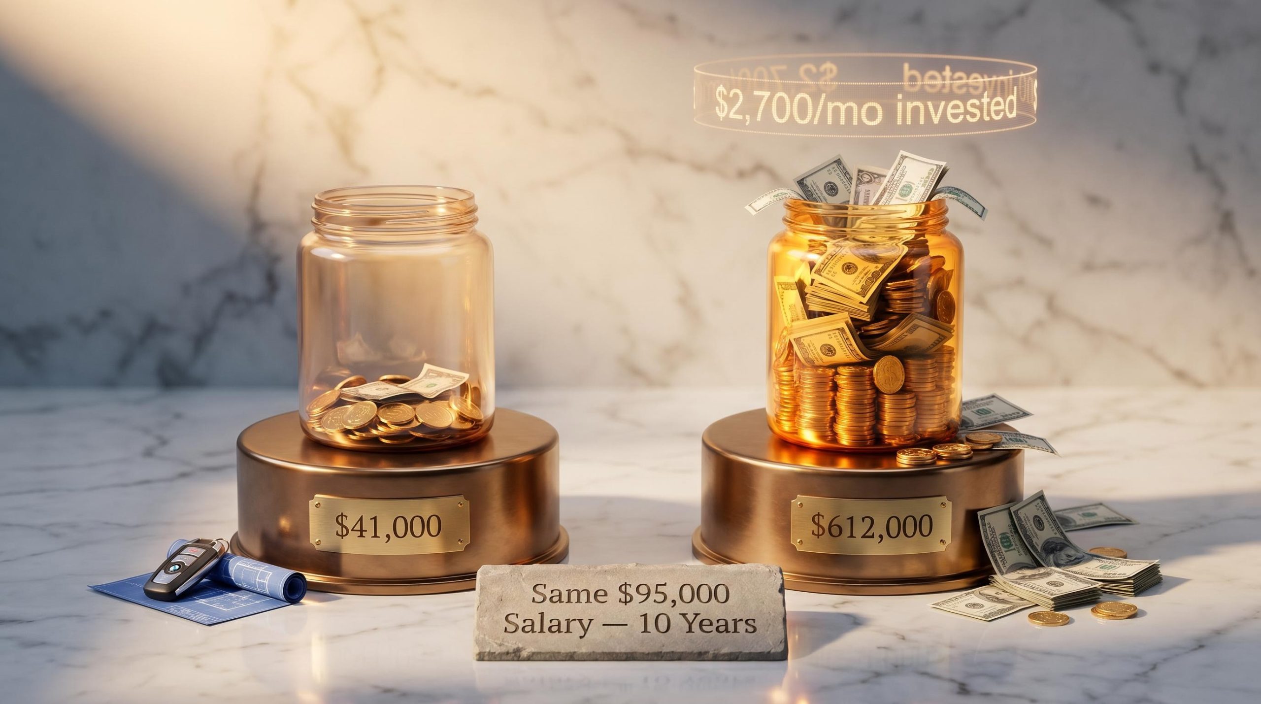 Two glass jars on marble pedestals show $41,000 vs $612,000 net worth gap from identical $95,000 salaries