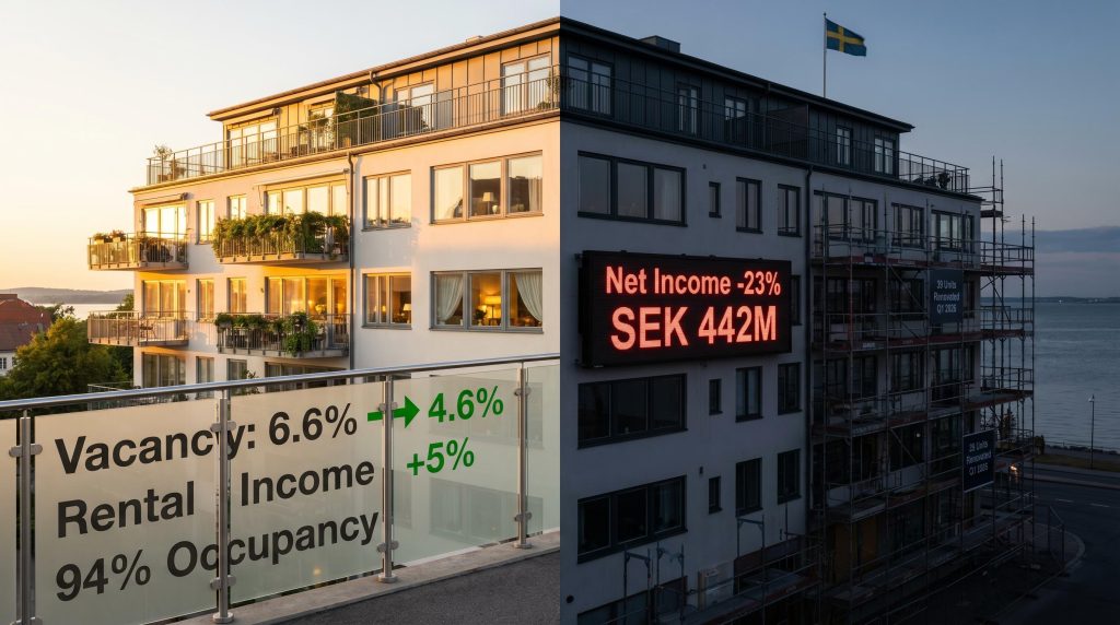 Neobo Fastigheter apartment building split between bright occupied units and shadowed earnings decline display