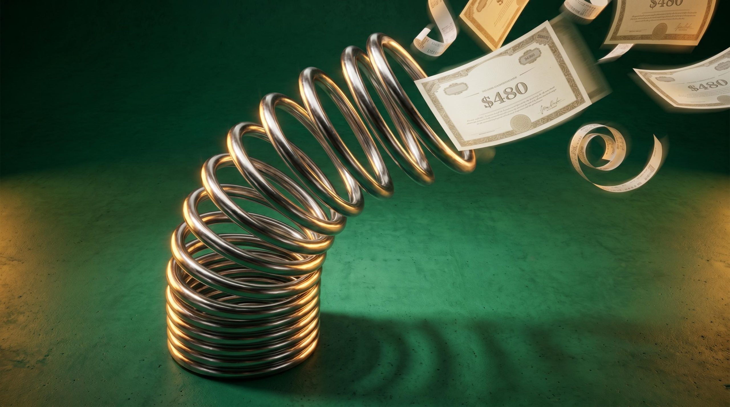 Chrome coil spring explosively releasing share certificates mid-squeeze, illustrating short squeeze forced-buying mechanics