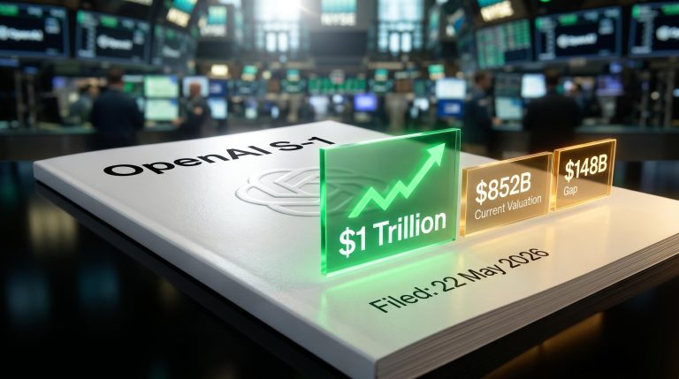 OpenAI S-1 filing document with $1 trillion IPO valuation and $148B gap panels on trading floor backdrop