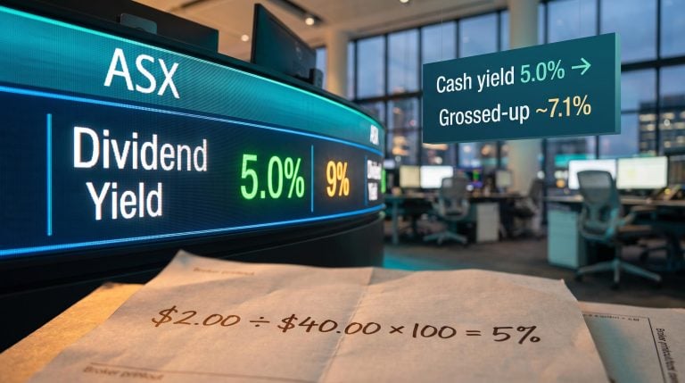 ASX trading terminal displaying dividend yield figures 5% and 9% with grossed-up yield formula overlay