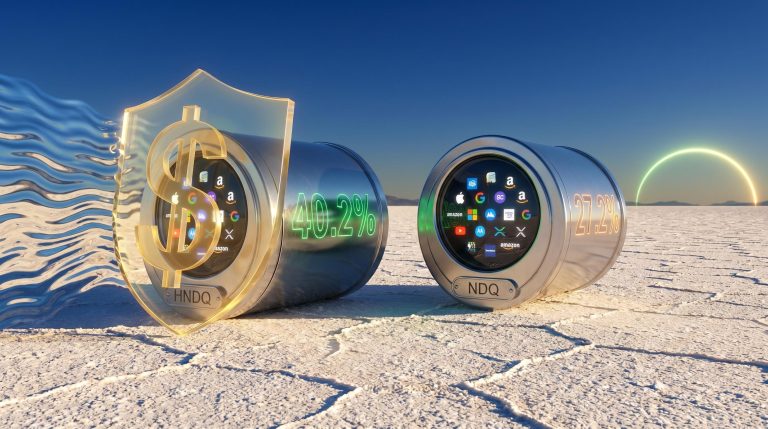 HNDQ vs NDQ ETF capsules showing 40.2% vs 27.2% returns — hedged vs unhedged ETF AUD impact