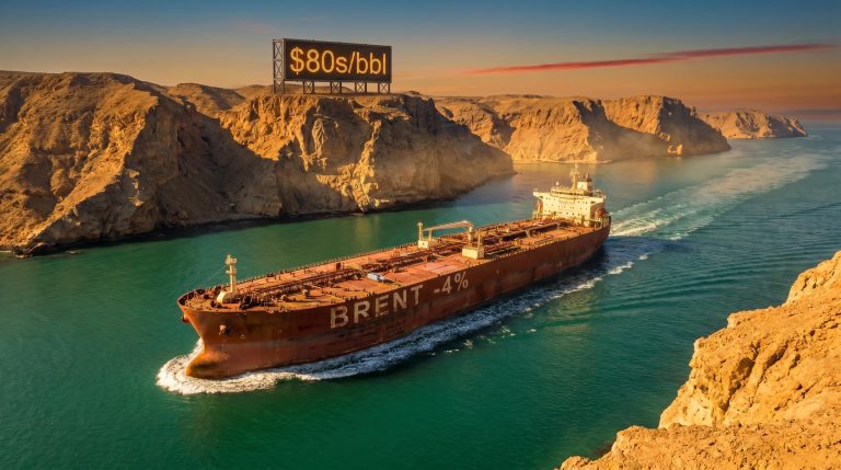 Supertanker transiting Strait of Hormuz as Brent crude falls 4%, signalling Iran-US accord inflation relief