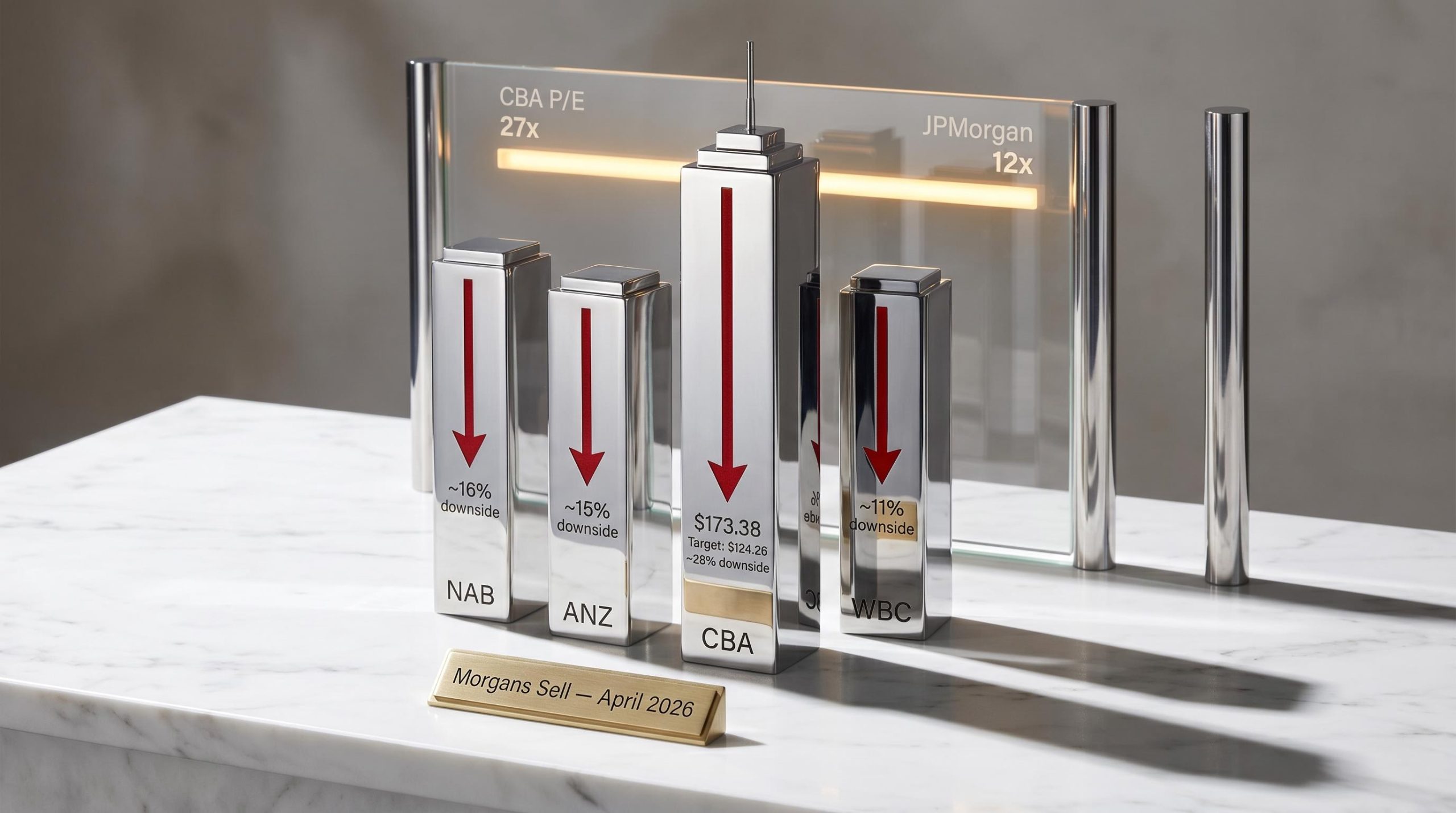 Four chrome bank towers showing Morgans sell ratings: CBA ~28% downside, NAB ~16%, ANZ ~15%, WBC ~11%