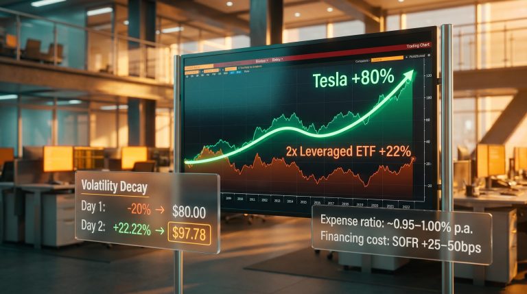 Tesla 2x leveraged ETF returning 22% vs 80% stock gain, with volatility decay data layered on trading screen
