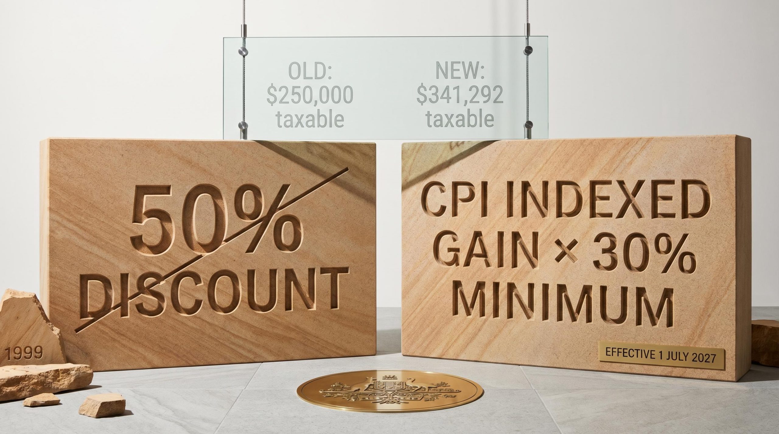 Carved stone slabs contrasting Australia's 50% CGT discount with new CPI-indexed 30% minimum tax from 1 July 2027