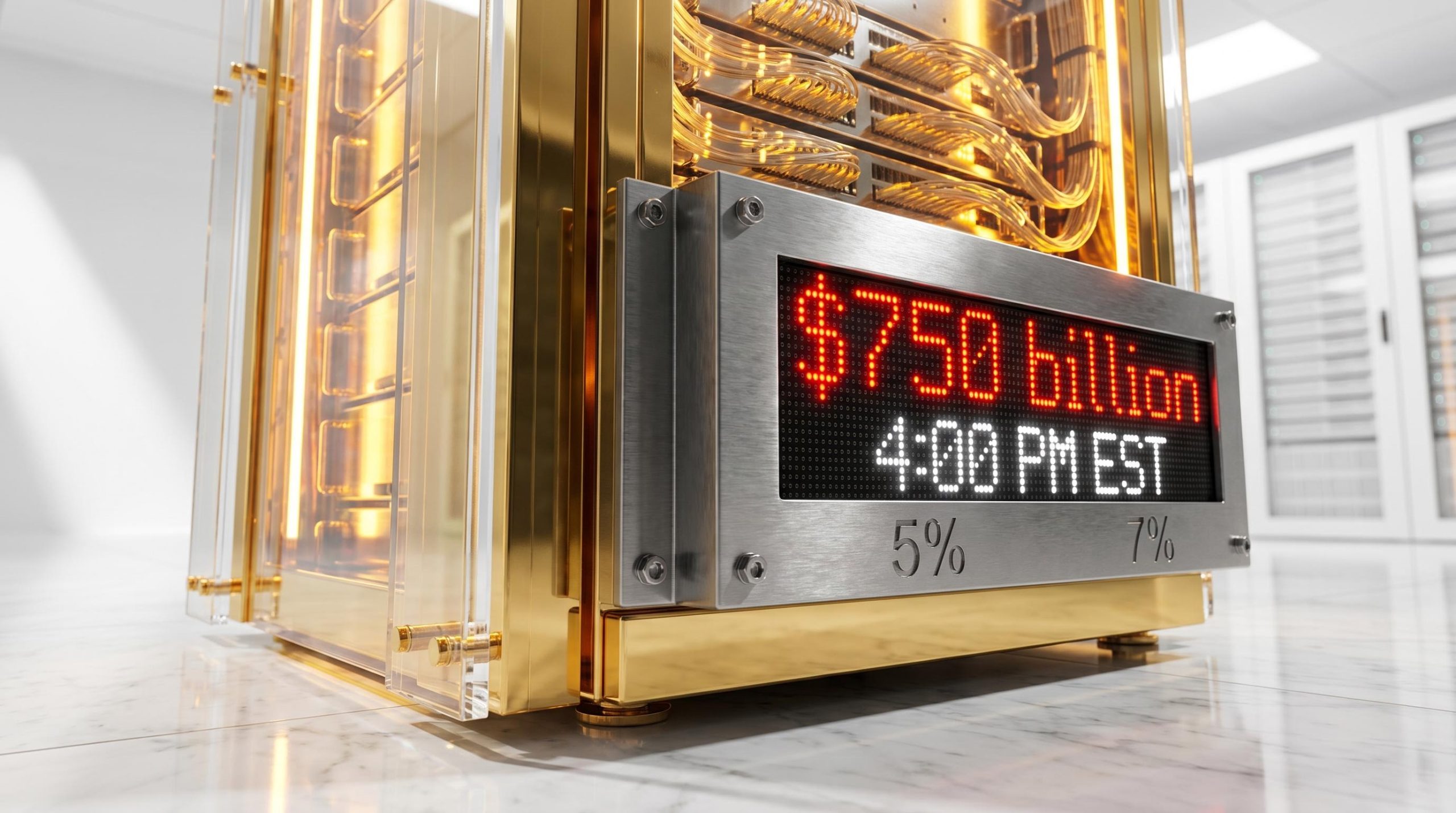 Golden AI server rack with an embedded LED display projecting a $750 billion valuation swing ahead of big tech earnings.