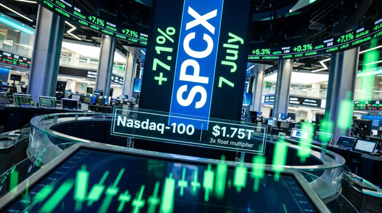SpaceX Nasdaq-100 inclusion on 7 July with SPCX 7.1% and $1.75T valuation on trading floor screens