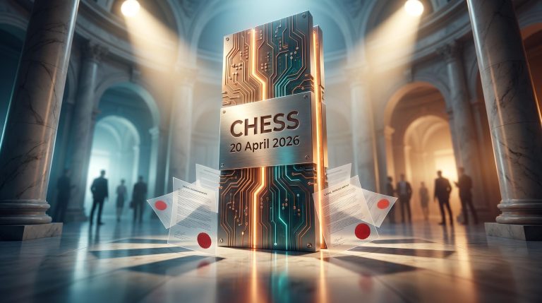 CHESS monument in an exchange hall with regulatory documents and ASX disclosure obligations under scrutiny