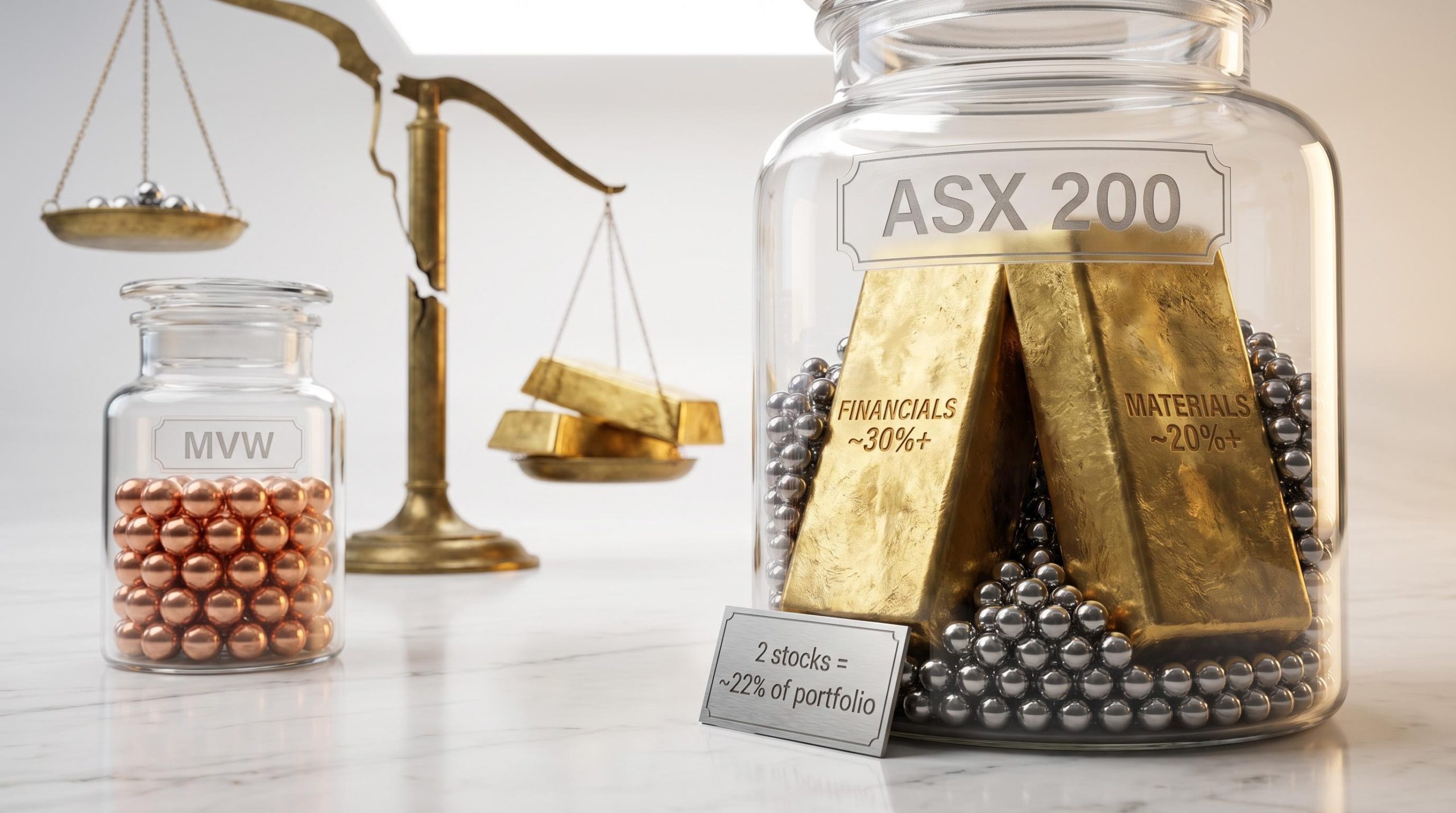 Glass jar labelled ASX 200 crammed with two gold ingots marked Financials and Materials, showing ASX 200 concentration risk