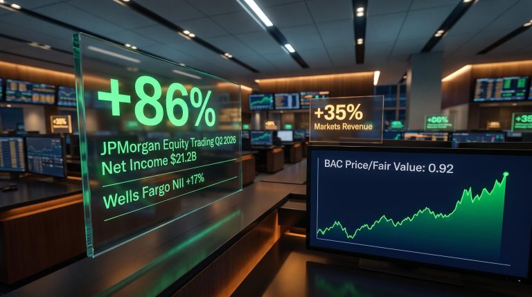 JPMorgan 86% equity trading and $21.2B net income data panels on a lit trading floor, Q2 2026 big bank earnings