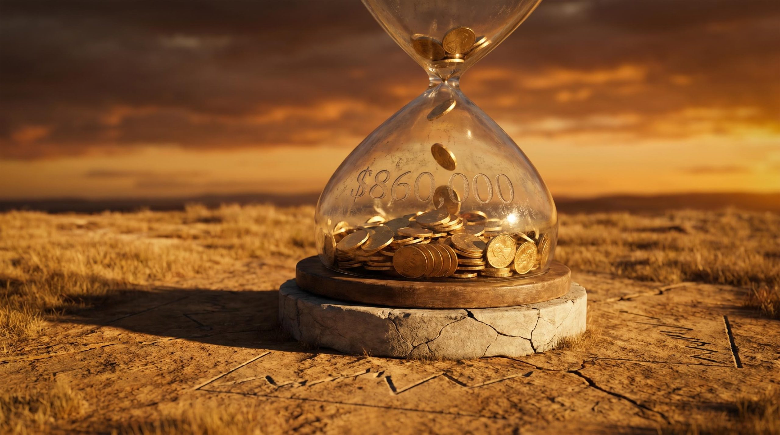 Hourglass filled with gold coins etched with "$860,000" GFC compounding void — retirement portfolio risk Australia
