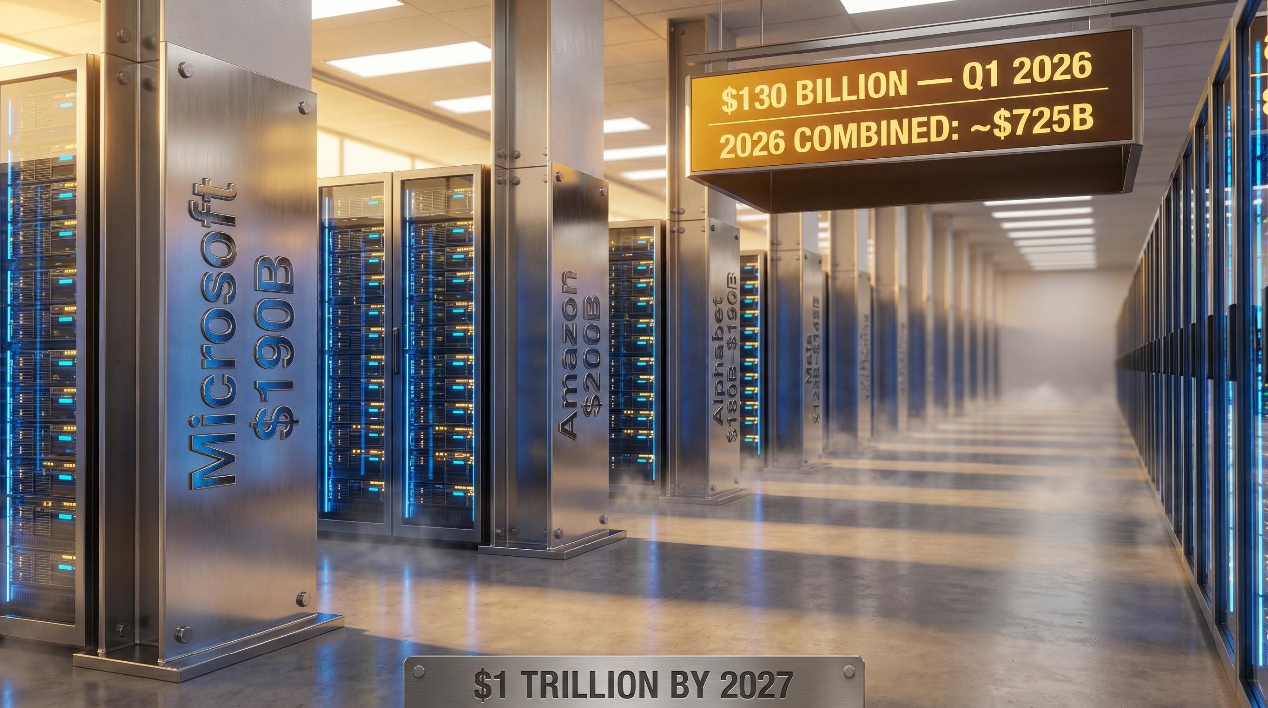 Four hyperscaler AI capital expenditure figures totalling $725B for 2026 displayed on server rack pillars in a data centre